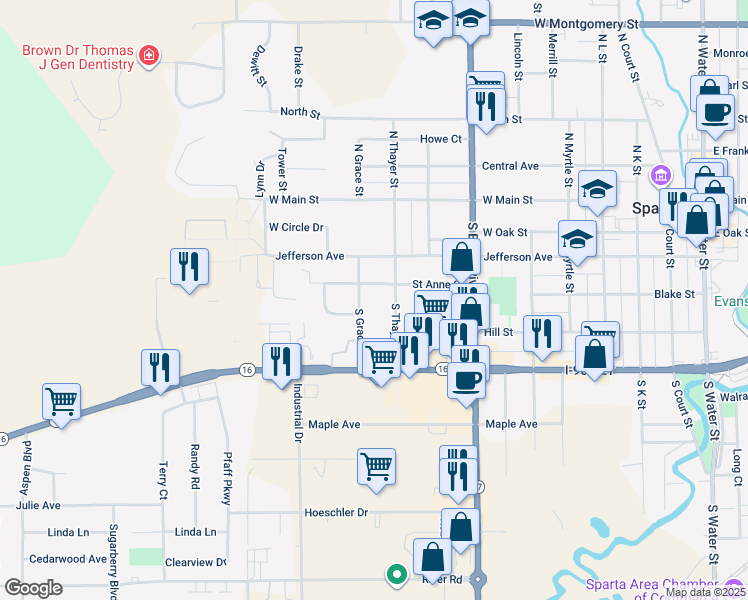 map of restaurants, bars, coffee shops, grocery stores, and more near 1003 Saint Anne Street in Sparta