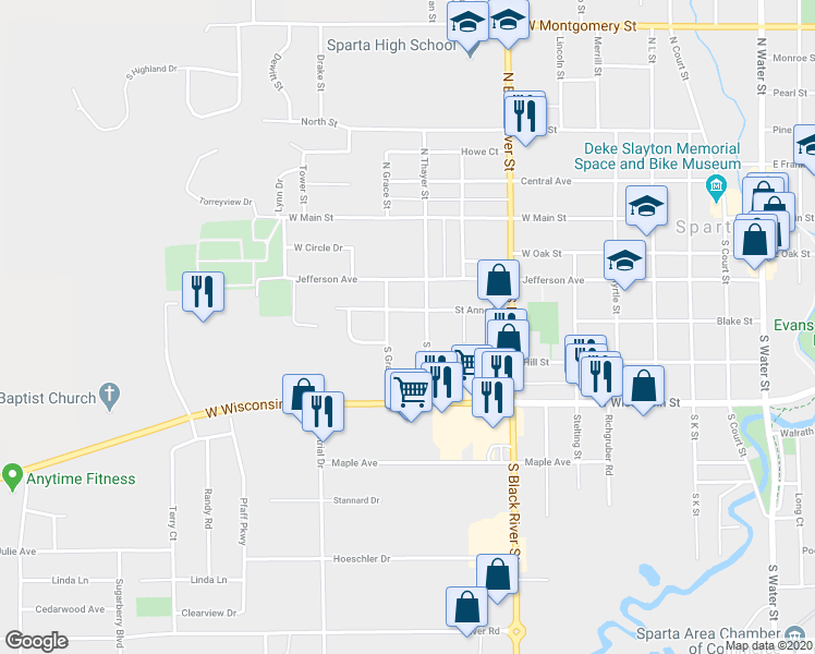 map of restaurants, bars, coffee shops, grocery stores, and more near 1003 Saint Anne Street in Sparta