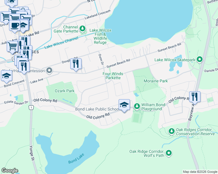 map of restaurants, bars, coffee shops, grocery stores, and more near 117 English Oak Drive in Richmond Hill