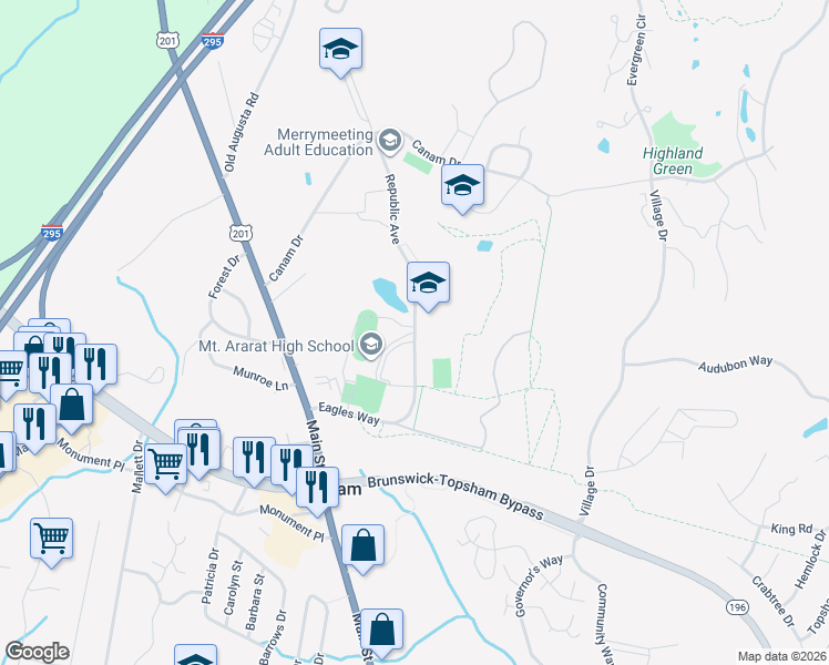 map of restaurants, bars, coffee shops, grocery stores, and more near 73 Eagles Way in Topsham