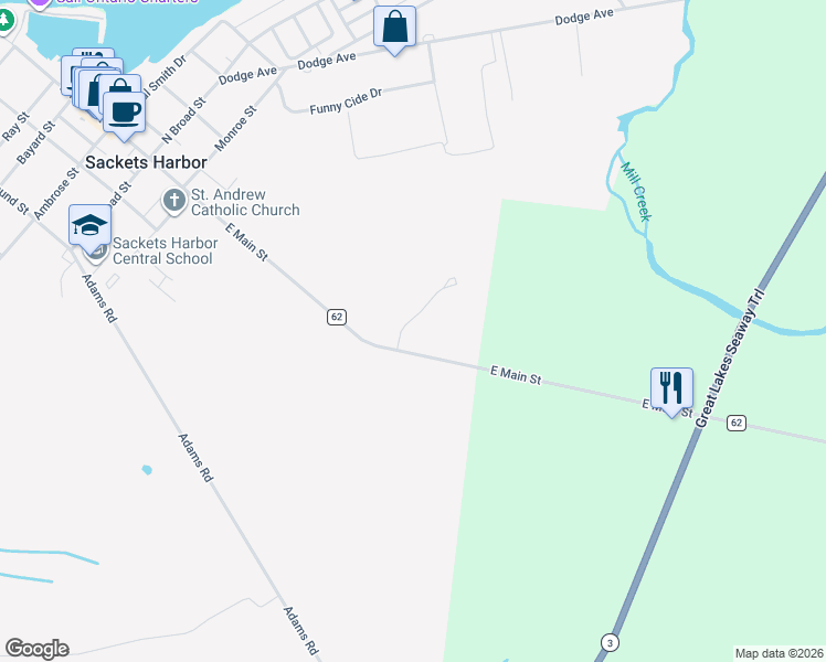 map of restaurants, bars, coffee shops, grocery stores, and more near 108 MillCreek Lane in Sackets Harbor
