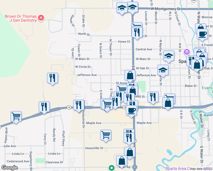 map of restaurants, bars, coffee shops, grocery stores, and more near 1003 Saint Anne Street in Sparta