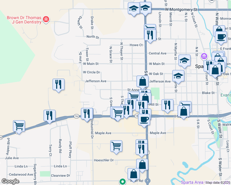 map of restaurants, bars, coffee shops, grocery stores, and more near 1003 Saint Anne Street in Sparta