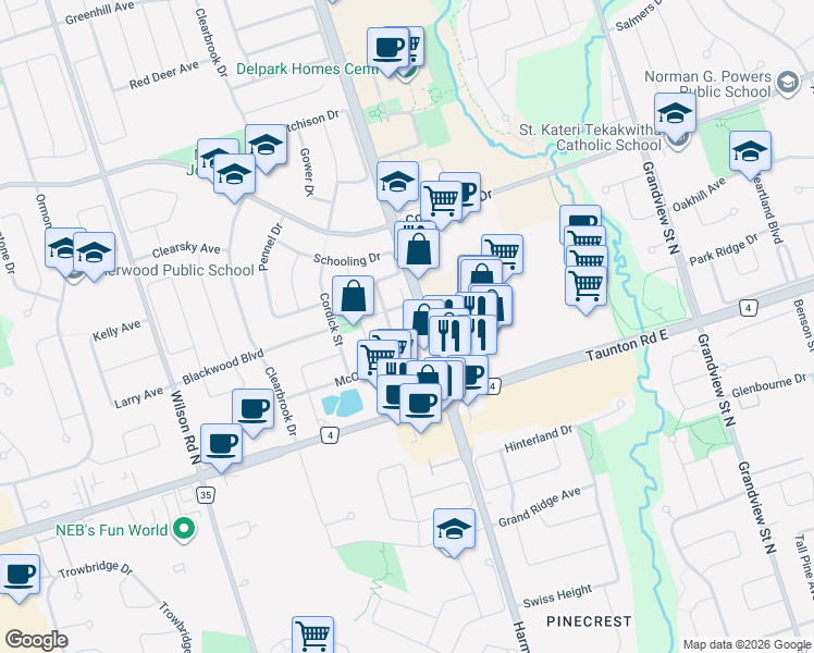 map of restaurants, bars, coffee shops, grocery stores, and more near 1434 Coral Springs Path in Oshawa