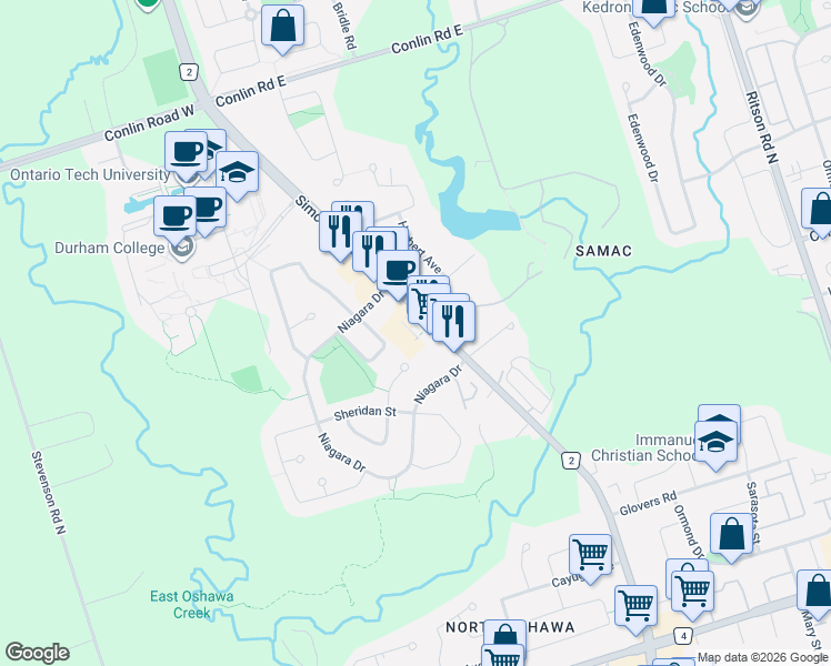 map of restaurants, bars, coffee shops, grocery stores, and more near 1740 Simcoe Street North in Oshawa