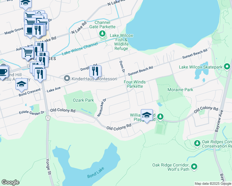 map of restaurants, bars, coffee shops, grocery stores, and more near 68 Nantucket Drive in Richmond Hill
