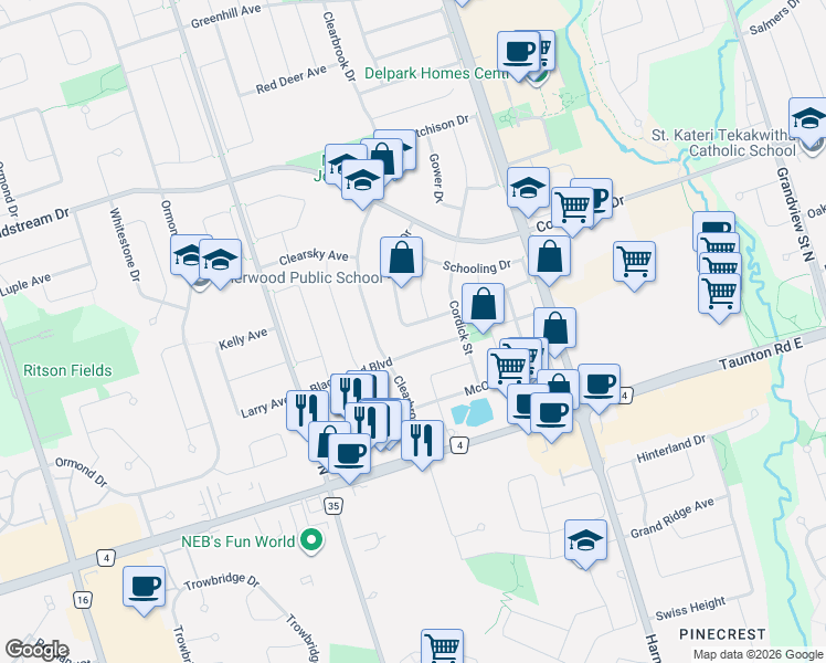 map of restaurants, bars, coffee shops, grocery stores, and more near 1628 Pennel Drive in Oshawa