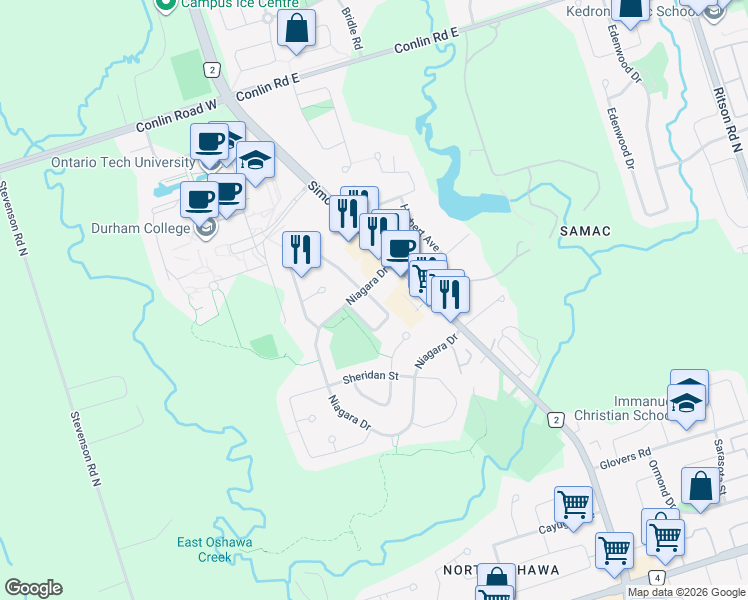 map of restaurants, bars, coffee shops, grocery stores, and more near Western Crescent in Oshawa