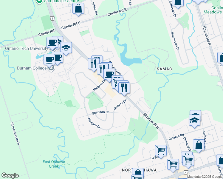 map of restaurants, bars, coffee shops, grocery stores, and more near in Oshawa