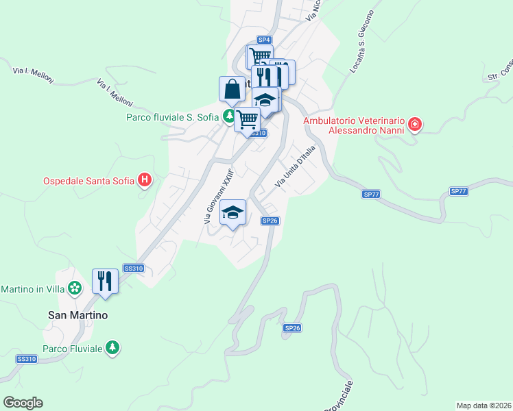 map of restaurants, bars, coffee shops, grocery stores, and more near Strada Provinciale 26 in Santa Sofia