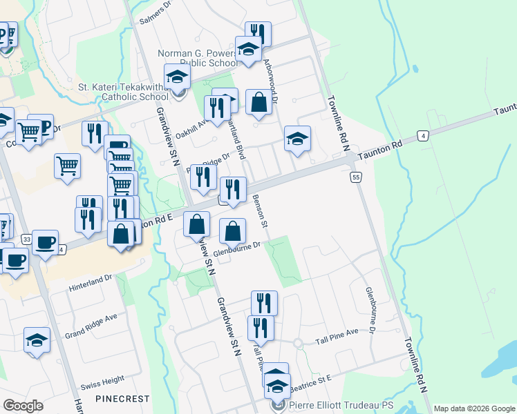 map of restaurants, bars, coffee shops, grocery stores, and more near Benson Street in Oshawa