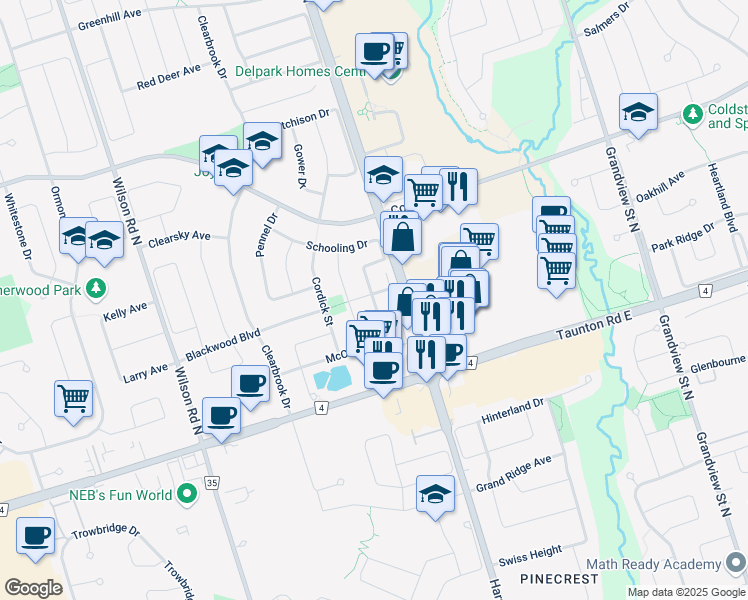 map of restaurants, bars, coffee shops, grocery stores, and more near 789 McCue Drive in Oshawa