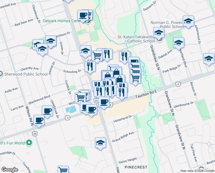 map of restaurants, bars, coffee shops, grocery stores, and more near in Oshawa