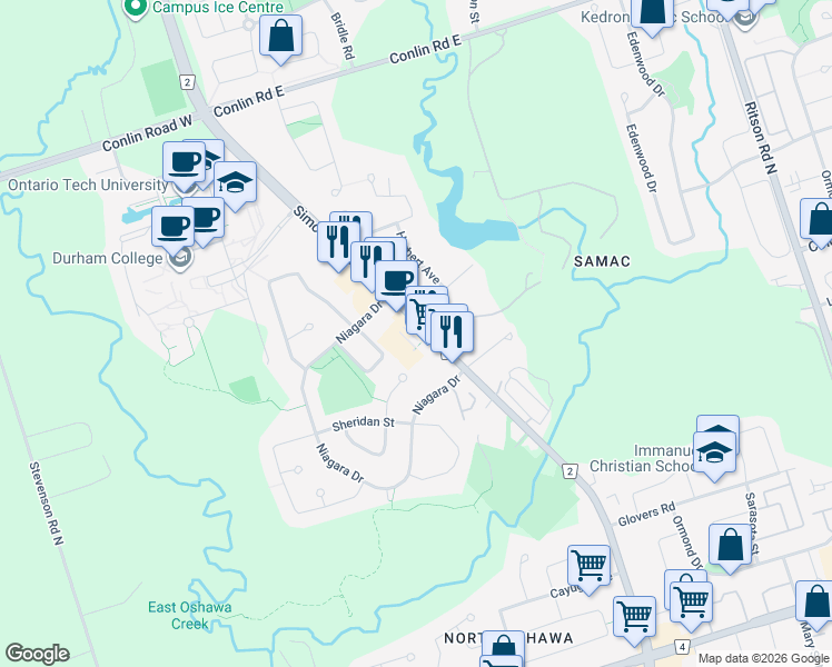 map of restaurants, bars, coffee shops, grocery stores, and more near 1720 Simcoe Street North in Oshawa