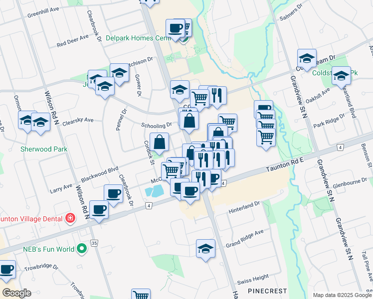 map of restaurants, bars, coffee shops, grocery stores, and more near in Oshawa