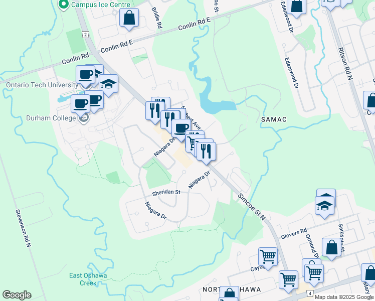 map of restaurants, bars, coffee shops, grocery stores, and more near 1760 Simcoe Street North in Oshawa