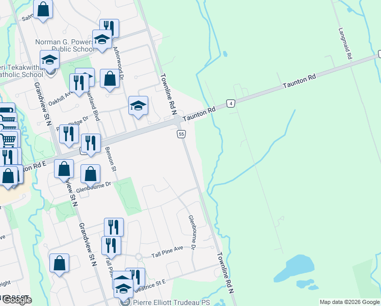 map of restaurants, bars, coffee shops, grocery stores, and more near 1339 Townline Road North in Oshawa