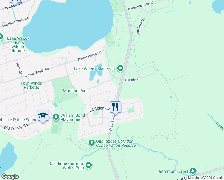 map of restaurants, bars, coffee shops, grocery stores, and more near 94 Dovetail Drive in Richmond Hill