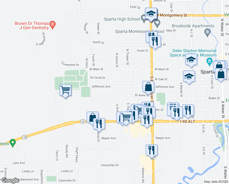 map of restaurants, bars, coffee shops, grocery stores, and more near 1107 Jefferson Avenue in Sparta