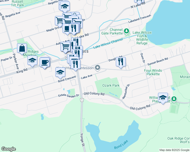 map of restaurants, bars, coffee shops, grocery stores, and more near 73 Lake Avenue in Richmond Hill
