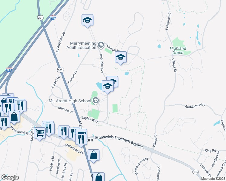 map of restaurants, bars, coffee shops, grocery stores, and more near 73 Eagles Way in Topsham