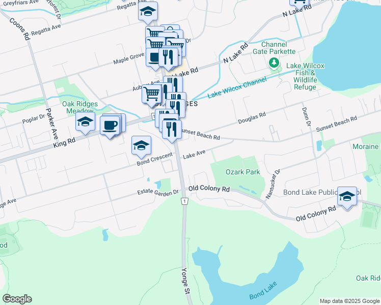 map of restaurants, bars, coffee shops, grocery stores, and more near 28 Lake Avenue in Richmond Hill