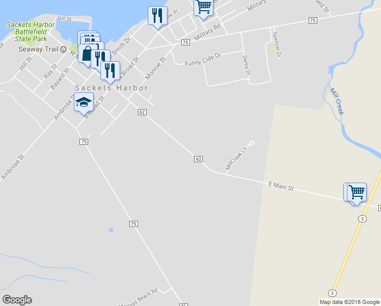 map of restaurants, bars, coffee shops, grocery stores, and more near East Main Street in Sackets Harbor