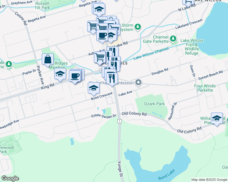 map of restaurants, bars, coffee shops, grocery stores, and more near in Richmond Hill