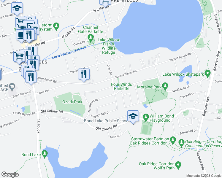 map of restaurants, bars, coffee shops, grocery stores, and more near 136 English Oak Drive in Richmond Hill