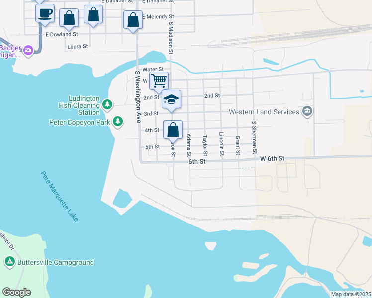 map of restaurants, bars, coffee shops, grocery stores, and more near 404 5th Street in Ludington
