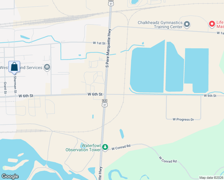 map of restaurants, bars, coffee shops, grocery stores, and more near 5432 West 6th Street in Ludington