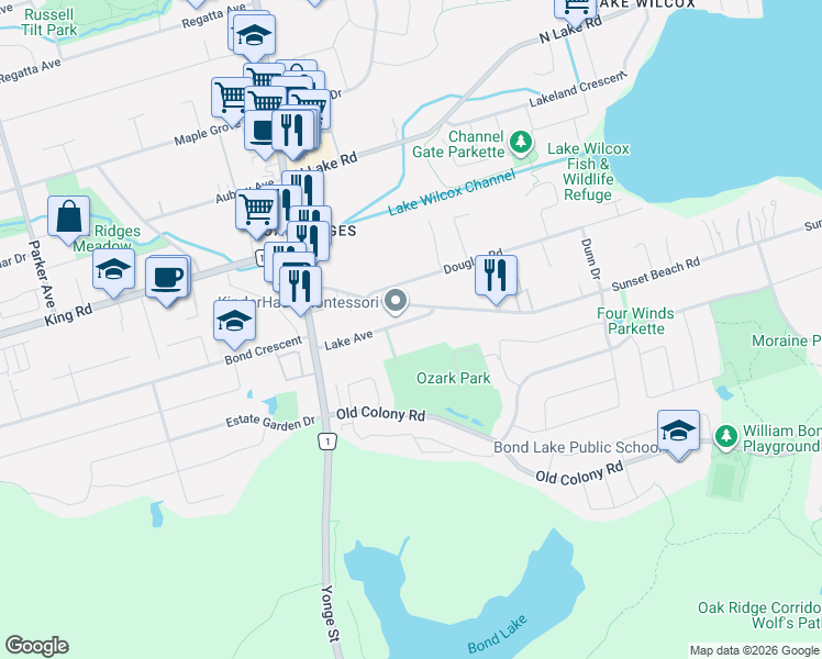 map of restaurants, bars, coffee shops, grocery stores, and more near 103 Lake Avenue in Richmond Hill