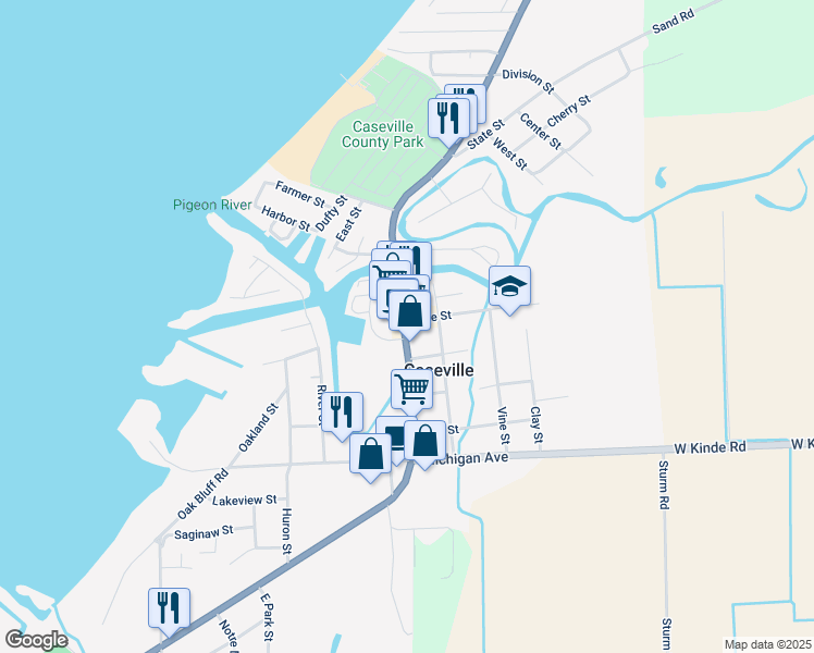 map of restaurants, bars, coffee shops, grocery stores, and more near 6603 Main Street in Caseville