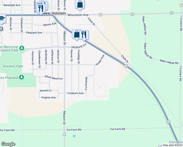map of restaurants, bars, coffee shops, grocery stores, and more near 1605 Melissa Lane in New Holstein