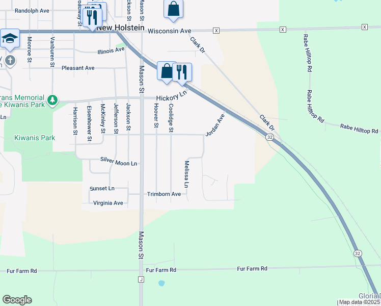 map of restaurants, bars, coffee shops, grocery stores, and more near 1605 Melissa Lane in New Holstein