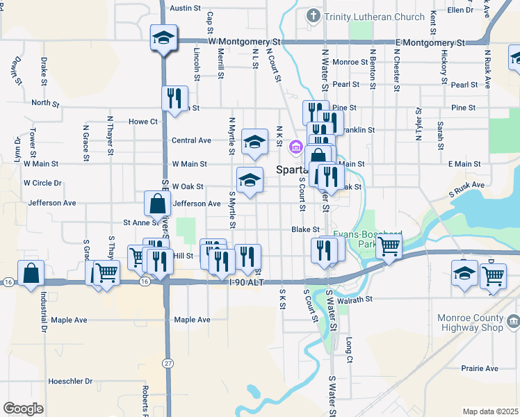 map of restaurants, bars, coffee shops, grocery stores, and more near 311 Jefferson Avenue in Sparta