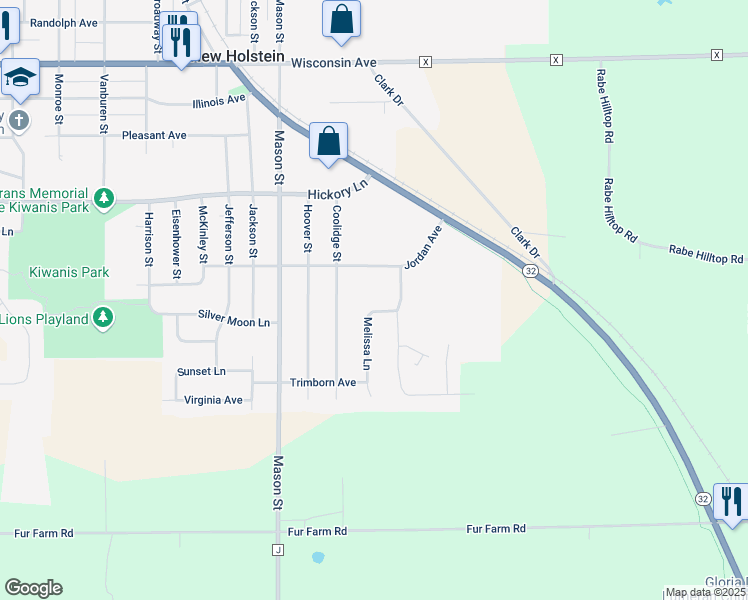 map of restaurants, bars, coffee shops, grocery stores, and more near 1605 Melissa Lane in New Holstein