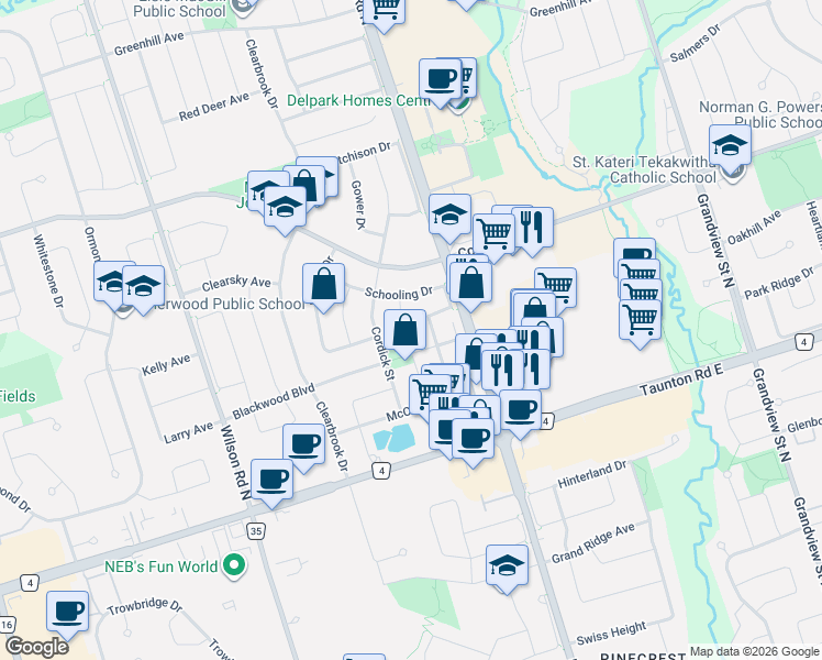 map of restaurants, bars, coffee shops, grocery stores, and more near 1433 Rennie Street in Oshawa