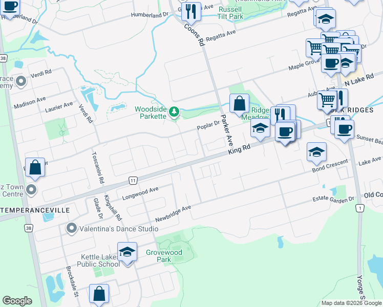 map of restaurants, bars, coffee shops, grocery stores, and more near 356 King Road in Richmond Hill
