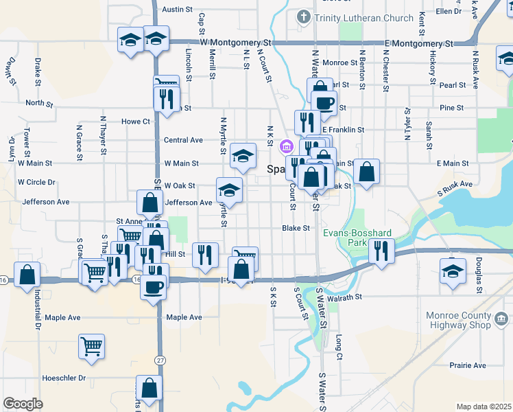 map of restaurants, bars, coffee shops, grocery stores, and more near 311 Jefferson Avenue in Sparta