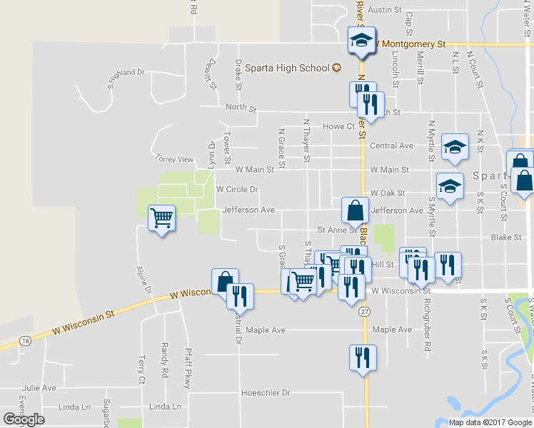 map of restaurants, bars, coffee shops, grocery stores, and more near 1107 Jefferson Avenue in Sparta