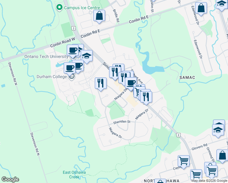 map of restaurants, bars, coffee shops, grocery stores, and more near 1813 Dalhousie Crescent in Oshawa