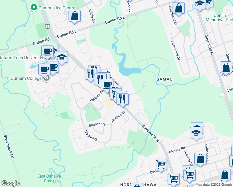 map of restaurants, bars, coffee shops, grocery stores, and more near 7 Eastwood Avenue North in Oshawa