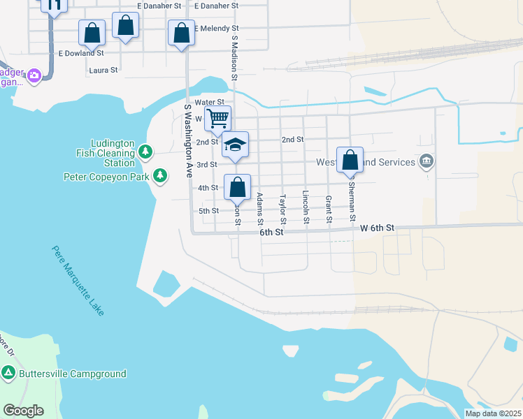 map of restaurants, bars, coffee shops, grocery stores, and more near 404 5th Street in Ludington
