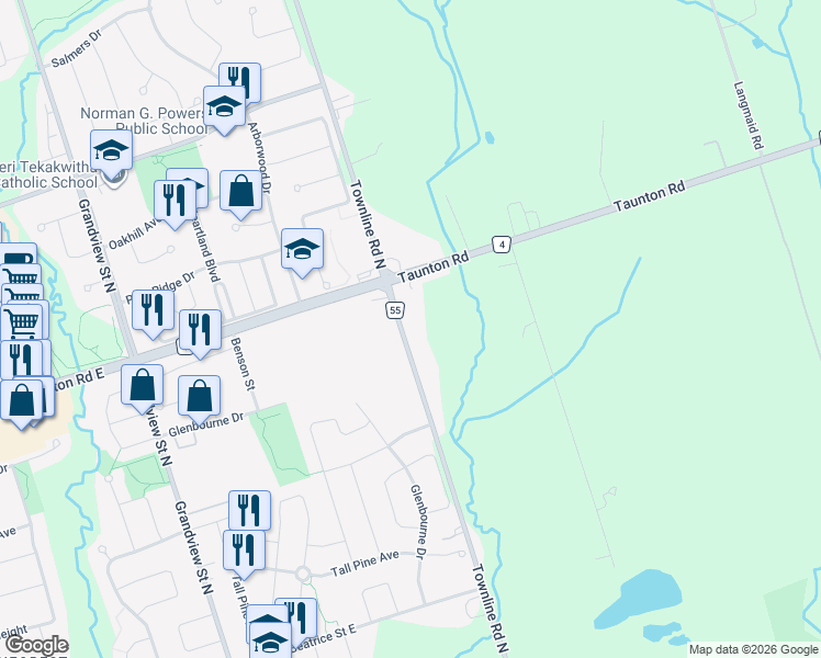 map of restaurants, bars, coffee shops, grocery stores, and more near 1351 Townline Road North in Oshawa
