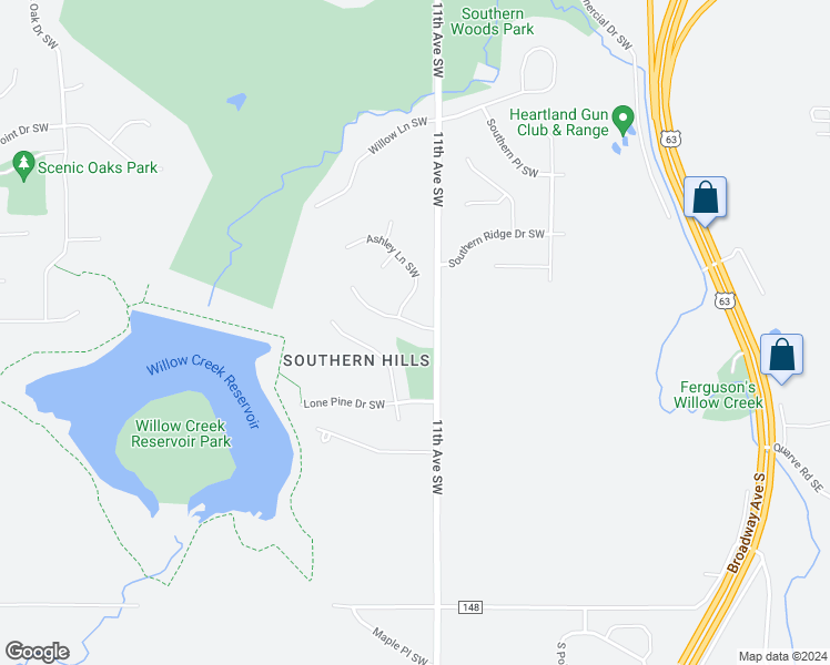 map of restaurants, bars, coffee shops, grocery stores, and more near 1110 Southern Hills Lane Southwest in Rochester