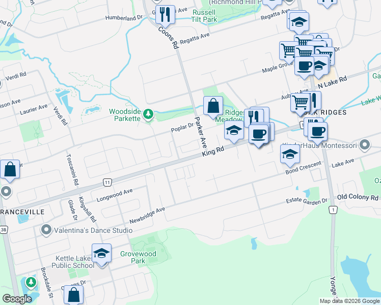 map of restaurants, bars, coffee shops, grocery stores, and more near 300 King Road in Richmond Hill