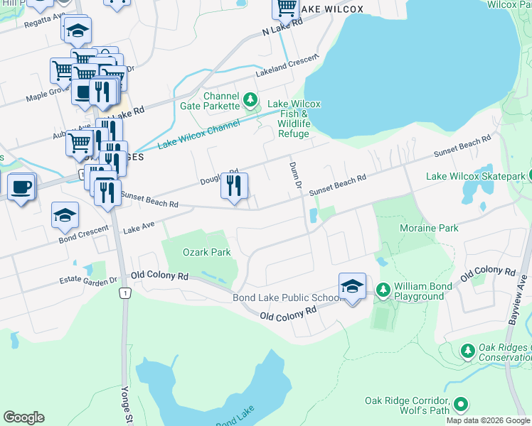 map of restaurants, bars, coffee shops, grocery stores, and more near 247 Sunset Beach Road in Richmond Hill