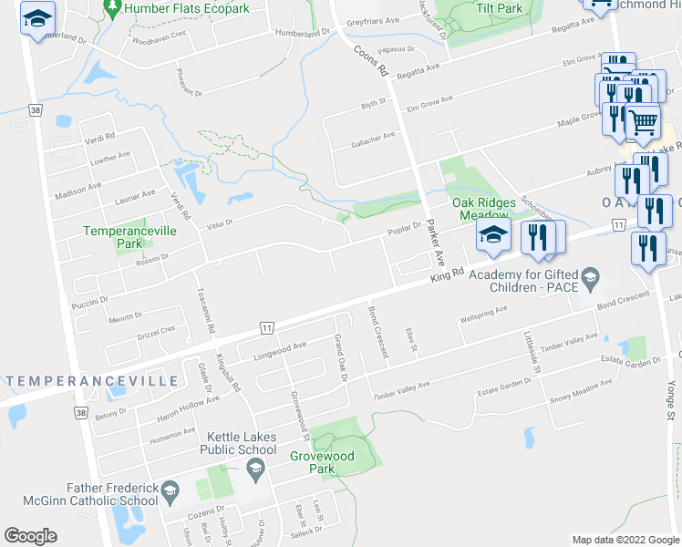 map of restaurants, bars, coffee shops, grocery stores, and more near 15 Kent Matthew Street in Richmond Hill