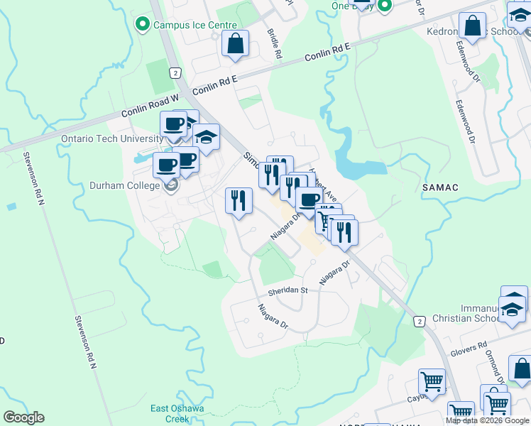 map of restaurants, bars, coffee shops, grocery stores, and more near Dalhousie Crescent in Oshawa